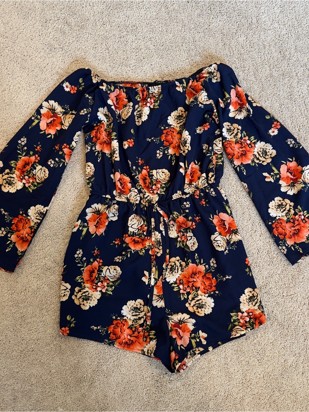 Rue21 Navy Floral Romper with Orange and Cream Flowers